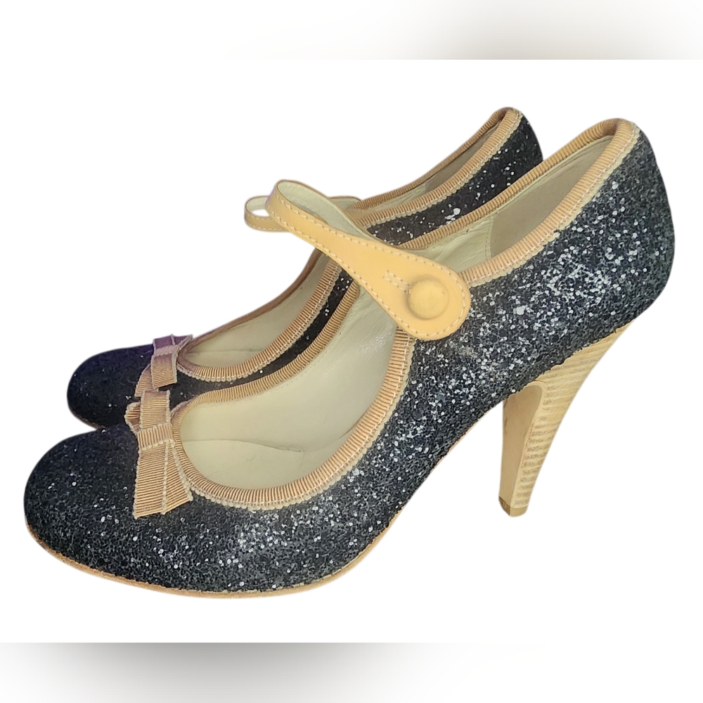 Miu Miu Black & Beige Glitter Mary Jane Pumps, Womens 38 EU (8 US)